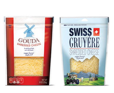 Happy Farms Preferred Gouda or Swiss and Gruyere Specialty Shreds