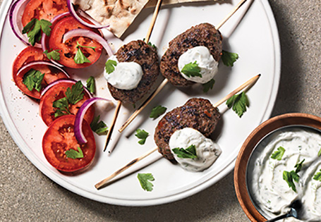 Grilled Beef Kofta Skewers with Tzatziki Dipping
